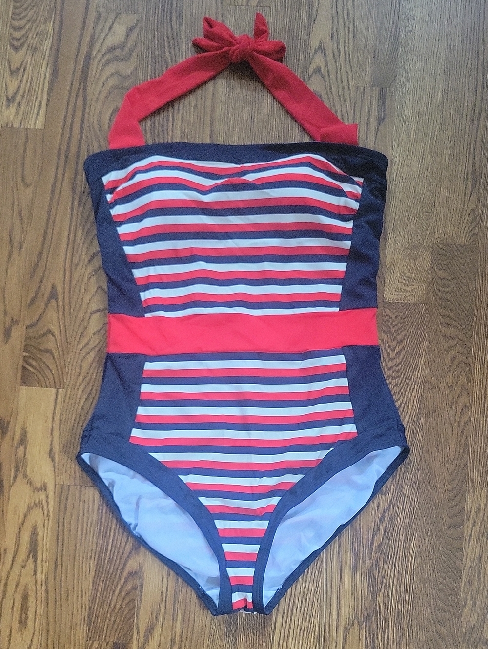 Boden Nautical Stripe One-Piece Swimsuit - Red & Navy, Size 12